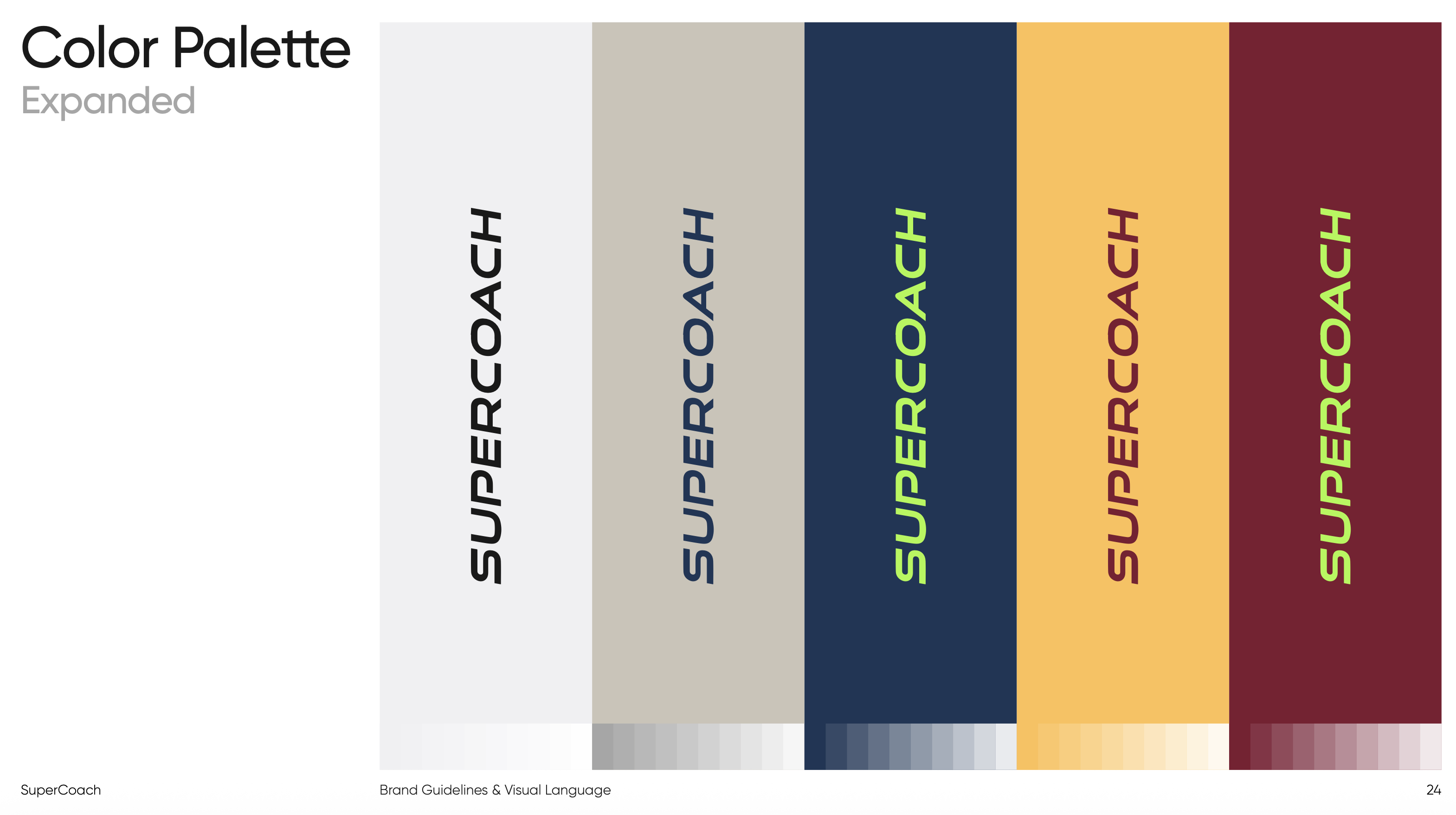 Brand guide page: expanded palette, light grey, beige, navy, sand and maroon