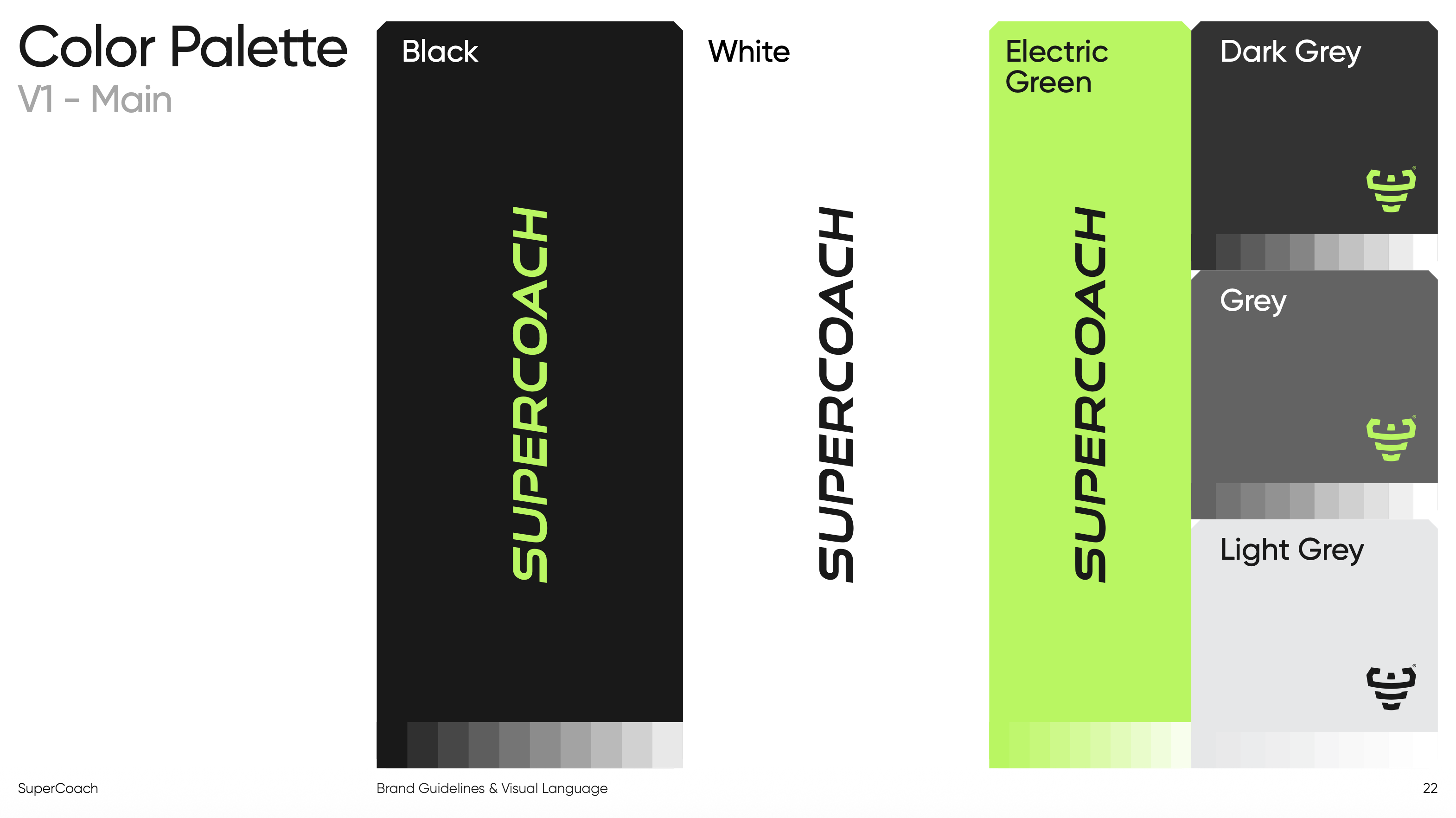 Brand guide page: main color palette, Black, White, Electric Green, Dark Grey, Grey and Light Grey