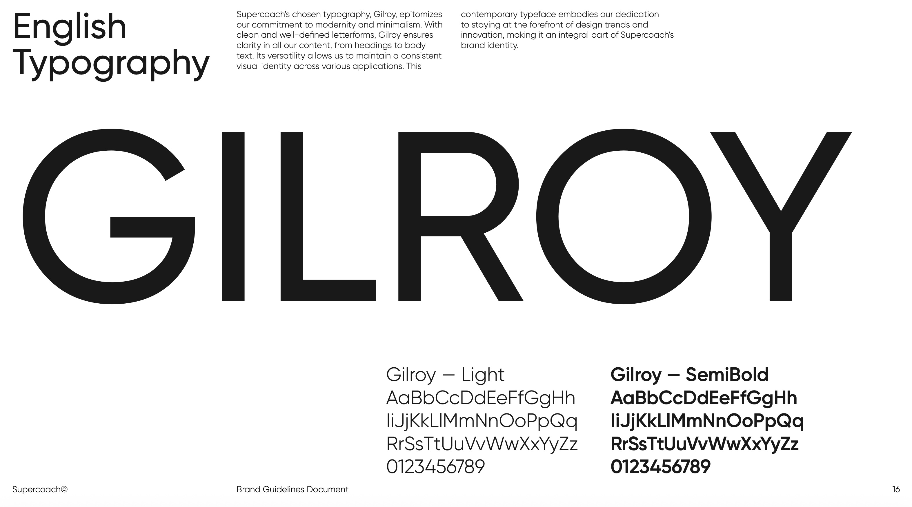 Brand guide page: Gilroy specimen in Light and SemiBold